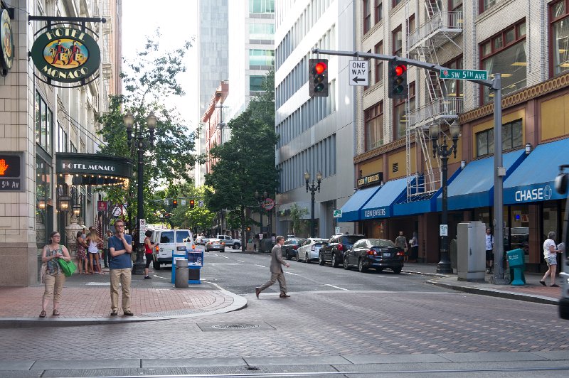 20150827_171751 D3S.jpg - Center city Portland, OR.  Hotel Monaco on left